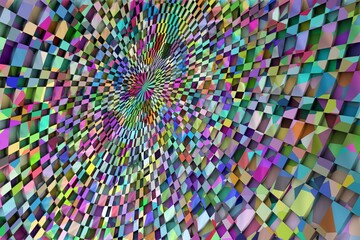 3D ILLUSTRATION RENDERING. ABSTRACT BACKGROUND SQUARE PATTERN DIMENSION OBJECT TRENDY COLORFUL GEOMETRY DISTORTED EFFECT GRAPHIC TEXTURE. PERSPECTIVE SCIENCE TECHNOLOGY PRESENTATION RANDOM DESIGN.