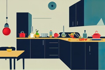 modern kitchen interior with table design illustration