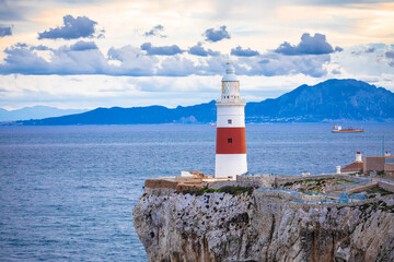 Europa Point Lighthouse in Gibraltar and Africa coastline view
