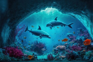 Obraz na płótnie Canvas Underwater world. Coral fishes, octopus, shark, dolphin, generative by AI