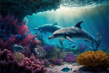 Underwater world. Coral fishes, octopus, shark, dolphin, generative by AI