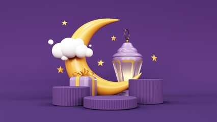 3d render of Ramadan Kareem holiday showcase, podium, display. Cartoon style gift boxes, crescent moon with stars, lanterns and arches. Pastel holiday baner mawlid, isra, iftar, miraj, muharram.