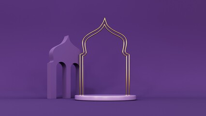 3d render of Ramadan Kareem holiday showcase, podium, display. Cartoon style gift boxes, crescent moon with stars, lanterns and arches. Pastel holiday baner mawlid, isra, iftar, miraj, muharram.