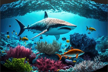 Fototapeta na wymiar Underwater world. Coral fishes, octopus, shark, dolphin, generative by AI