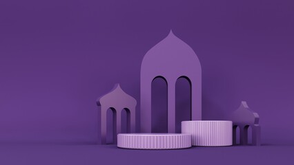 3d render of Ramadan Kareem holiday showcase, podium, display. Cartoon style gift boxes, crescent moon with stars, lanterns and arches. Pastel holiday baner mawlid, isra, iftar, miraj, muharram.