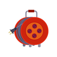 Red extension cord spool vector illustration. Cartoon drawing of tool or equipment of electrician isolated on white background. Electricity, technology, construction concept