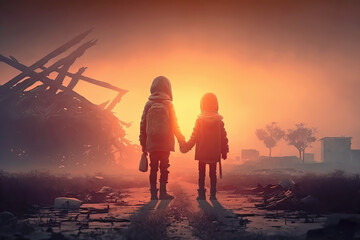 Illustration of a boy and a girl holding hands, walking in a destroyed city. They are looking at the bright sun, hoping for a brighter future. Generative AI - obrazy, fototapety, plakaty