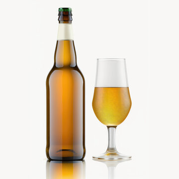 bottle and glass of lager beer. blank label, mock-up