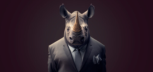Fototapeta premium Portrait of successful businessman executive company leader rhinoceros in a classic office suit looking at camera on a dark background, generative ai