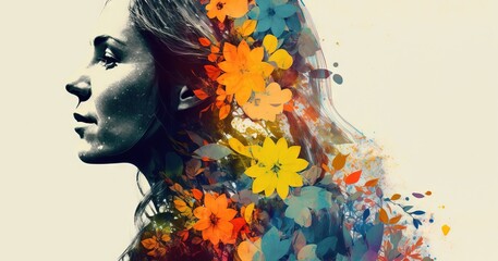 Obraz na płótnie Canvas Double exposure woman profile and flowers mental health women's day illustration generative ai