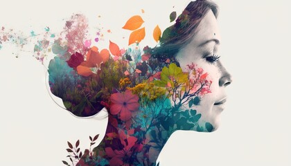 Double exposure woman profile and flowers mental health women's day illustration generative ai