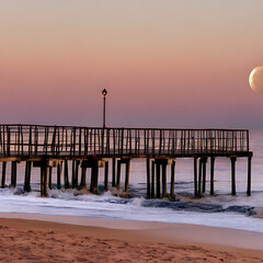 Obraz premium Fantasy beach and pier scene ocean and sky half moon and distant pier