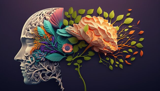Mental health brain and flower illustration generative ai