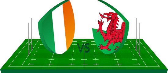 Rugby team Ireland vs Wales on green rugby field.