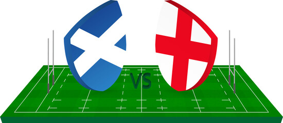 Rugby team Scotland vs England on green rugby field.