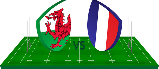 Rugby team Wales vs France on green rugby field.
