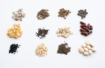 Collection of natural organic seeds isolated on white background