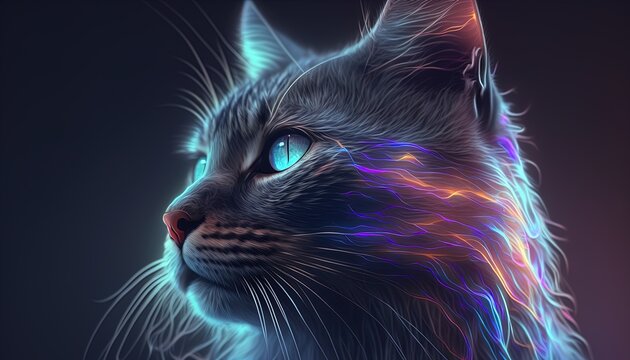 Neon glowing cat animal isolated on dark background,  phantasmal iridescent, psychic waves created with generative ai technology