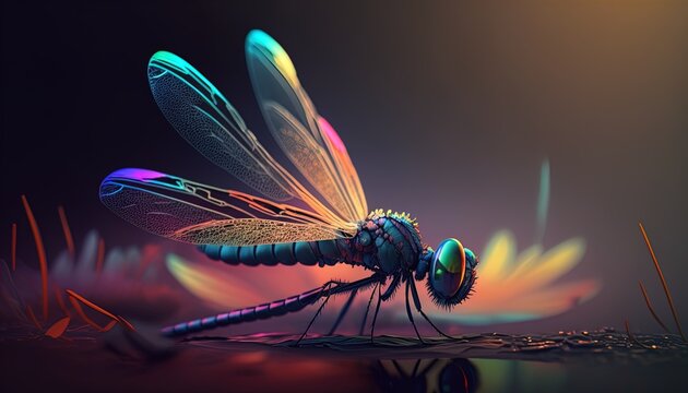 Neon glowing dragonfly animal isolated on dark background,  phantasmal iridescent, psychic waves created with generative ai technology