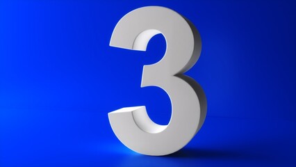 Number 3 in white on light blue background, three number isolated 3d rendering.