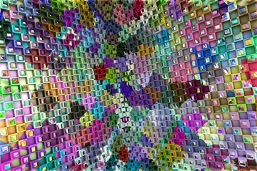 Fototapeta premium 3D ILLUSTRATION RENDERING. ABSTRACT BACKGROUND SQUARE PATTERN DIMENSION OBJECT TRENDY COLORFUL GEOMETRY DISTORTED EFFECT GRAPHIC TEXTURE. PERSPECTIVE SCIENCE TECHNOLOGY PRESENTATION RANDOM DESIGN. 