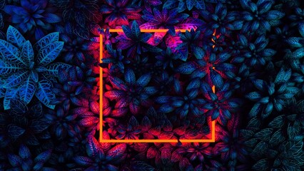 Fototapeta premium Neon light template. 3d rendering of white square neon light with tropical leaves. Flat lay of minimal nature style concept. Neon leaf, party background concept, leaves wallpaper. 
