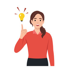 Young woman with light bulbs that symbolize ideas. Decision making and choosing ideas. Flat vector illustration isolated on white background