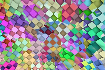 3D ILLUSTRATION RENDERING. ABSTRACT BACKGROUND SQUARE PATTERN DIMENSION OBJECT TRENDY COLORFUL GEOMETRY DISTORTED EFFECT GRAPHIC TEXTURE. PERSPECTIVE SCIENCE TECHNOLOGY PRESENTATION RANDOM DESIGN.
