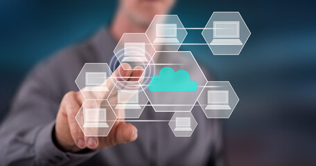 Man touching a cloud computing concept