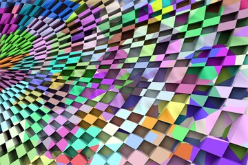 3D ILLUSTRATION RENDERING. ABSTRACT BACKGROUND SQUARE PATTERN DIMENSION OBJECT TRENDY COLORFUL GEOMETRY DISTORTED EFFECT GRAPHIC TEXTURE. PERSPECTIVE SCIENCE TECHNOLOGY PRESENTATION RANDOM DESIGN.

