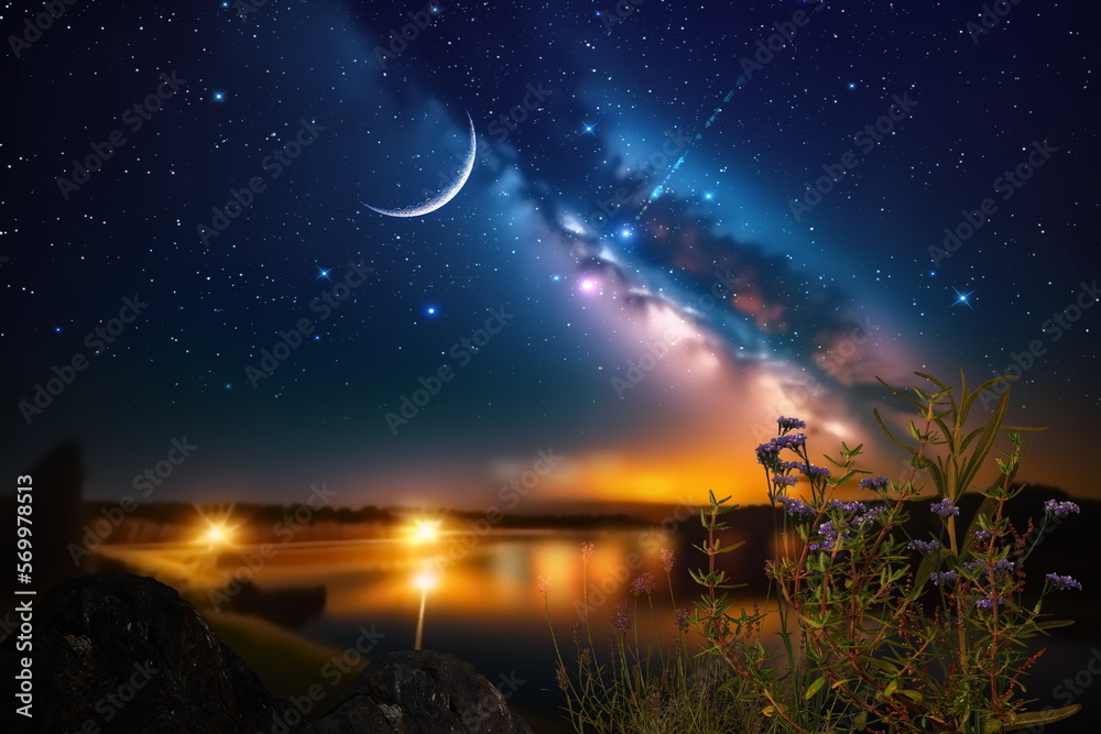 Wall mural sunset at night at sea starry sky and moon on dramatic clouds sea water wave and stones on horizon b
