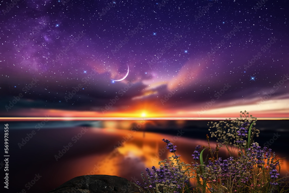 Wall mural sunset at night at sea starry sky and moon on dramatic clouds sea water wave and stones on horizon b