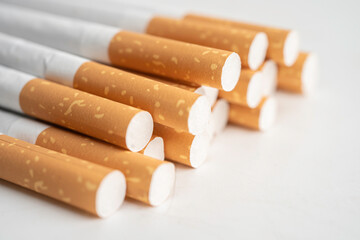 Cigarette, tobacco in roll paper with filter tube, No smoking concept.