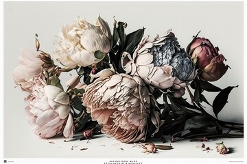 Wilted peony flowers on white, isolated background, stylish modern color concept for layout and poster, copy space, space for text, modern colors. Generative AI