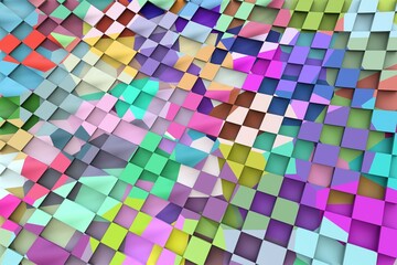 3D ILLUSTRATION RENDERING. ABSTRACT BACKGROUND SQUARE PATTERN DIMENSION OBJECT TRENDY COLORFUL GEOMETRY DISTORTED EFFECT GRAPHIC TEXTURE. PERSPECTIVE SCIENCE TECHNOLOGY PRESENTATION RANDOM DESIGN.
