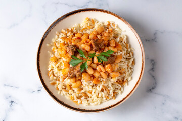 Traditional Turkish cuisine. Kuru Fasulye . Haricot Beans, rice and beans (Turkish name; pilav ustu kuru fasulye)