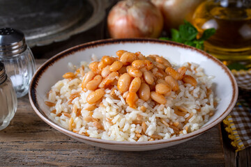 Traditional Turkish cuisine. Kuru Fasulye . Haricot Beans, rice and beans (Turkish name; pilav ustu kuru fasulye)