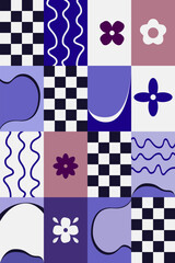 Abstract seamless pattern with geometric flowers, black and white checkerboard, flowing shapes and lines in shades of blue. Background in a flat style for the Internet, social networks, printing