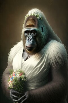  Gorilla dressed up in wedding dress. Generative AI