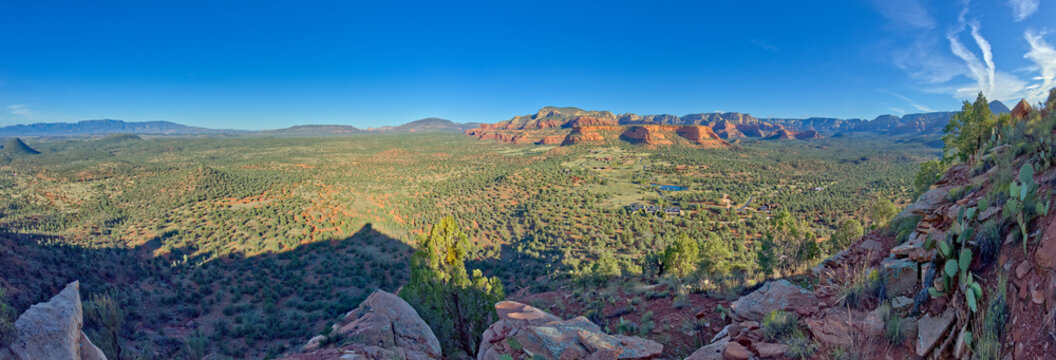 Panorama view of West Sedona Arizona from the western side of Cockscomb Butte. In the distance is Bear Mountain.