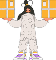 An attractive woman is holding boxes in her hands. The essence of delivering packages and freight.