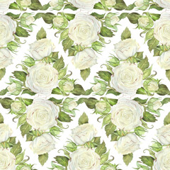 Watercolor botanical illustration. Seamless pattern with an ornament of compositions of white roses, buds and leaves. Isolated on a white background. Hand painting floral print in vintage style