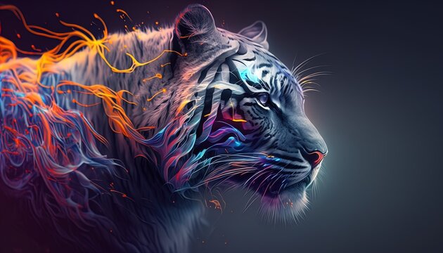 Neon glowing tiger animal isolated on dark background, phantasmal iridescent, psychic waves created with generative ai technology