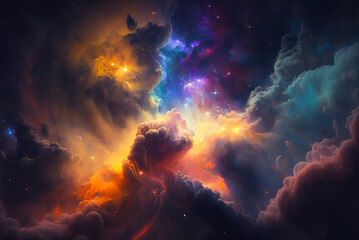 Fototapeta na wymiar Glowing mysterious universe background. Colorful nebular galaxy illustration. Generative ai
