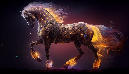 Obraz na płótnie Canvas Magic Horse Character Glowing Fantasy Illustration. Powerful Graceful Black Horse Head Silhouette Portrait Design. Space Warrior Mascot Talisman Transport Avatar Symbol. 