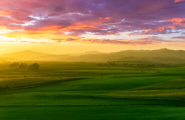 green field in countryside at sunset in the evening light. beautiful spring landscape in the mountains. grassy field and hills. rural scenery