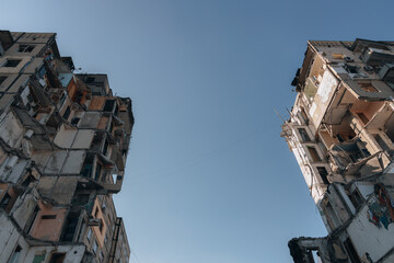 Impact on a high-rise building in the city of Dnipro, Ukraine. A residential building destroyed by an explosion after a Russian missile attack. Consequences of the explosion.