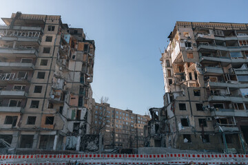 Impact on a high-rise building in the city of Dnipro, Ukraine. A residential building destroyed by...