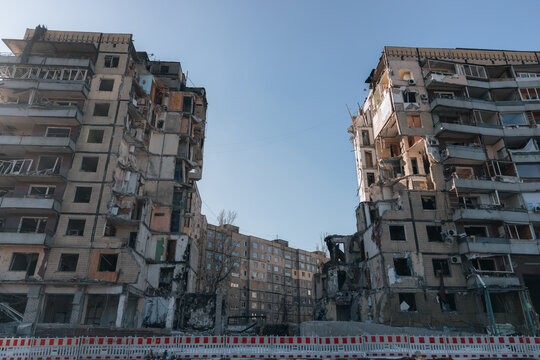 Impact on a high-rise building in the city of Dnipro, Ukraine. A residential building destroyed by an explosion after a Russian missile attack. Consequences of the explosion.