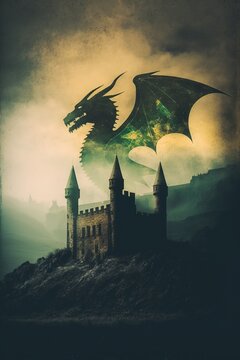 Dragon and a Castle, Fantasy, Book Cover - AI Generated